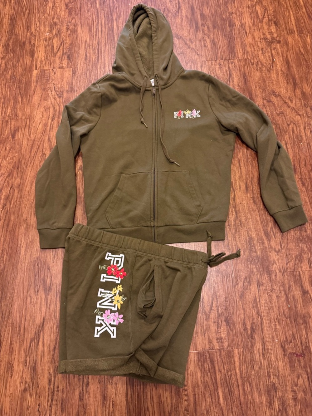 PINK Victoria's Secret Olive Green Hoodie & Shorts Set with Floral Logo